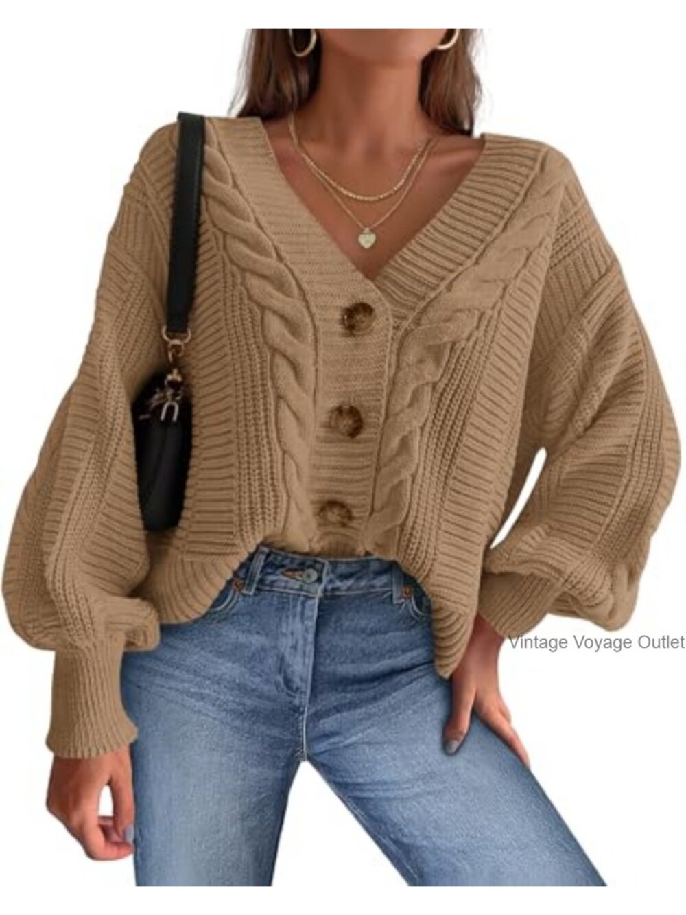 V Neck Long Sleeve Chunky Cable Knit Cardigan Sweater Button